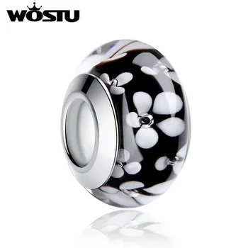 

High Quality White Flower Black Murano Glass Beads Fit Original WST Silver Plated Charm Bracelet Necklace DIY Jewelry Making