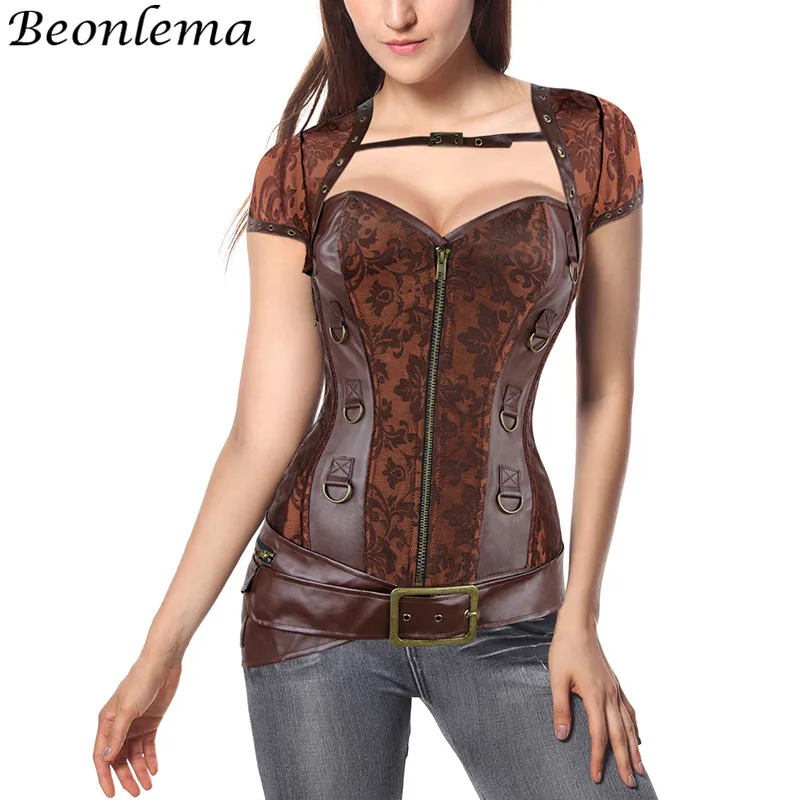 Beonlema Brown Corset Steampunk Bustiers Faux Leather Women Sexy Goth