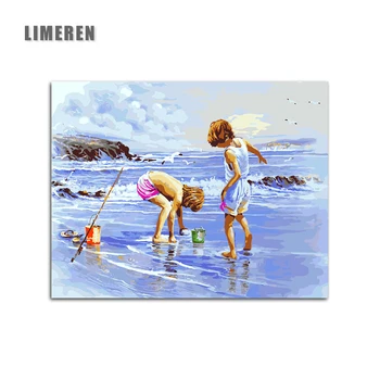 

Beach Playing Kids Frameless Wall Art Pictures Painting By Numbers DIY Oil Painting On Canvas Home Decor