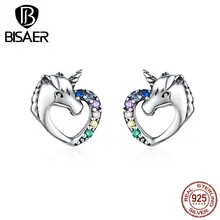 BISAER серьги в виде единорогов, модное 925 пробы серебро, Чистое Животное, единорог, маленькие женские серьги-гвоздики, Стерлинговое Серебро, ювелирное изделие ECE611