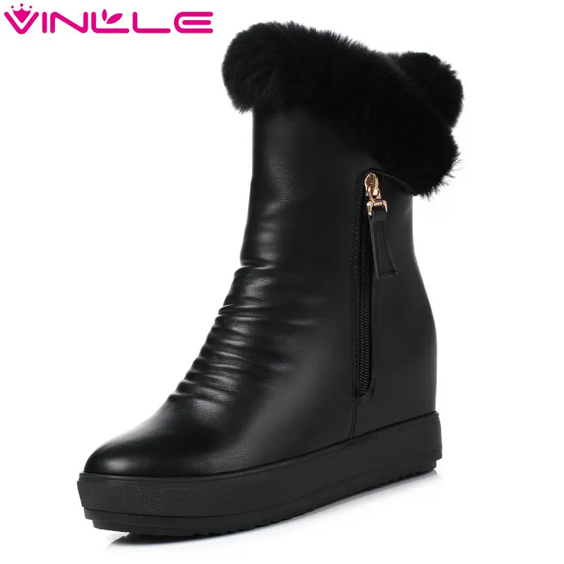 

VINLLE 2018 Women Boots Ankle Boots Elegant Wedge High Heel Round Toe Zipper Black Snow Ladies Motorcycle Shoes Size 34-39