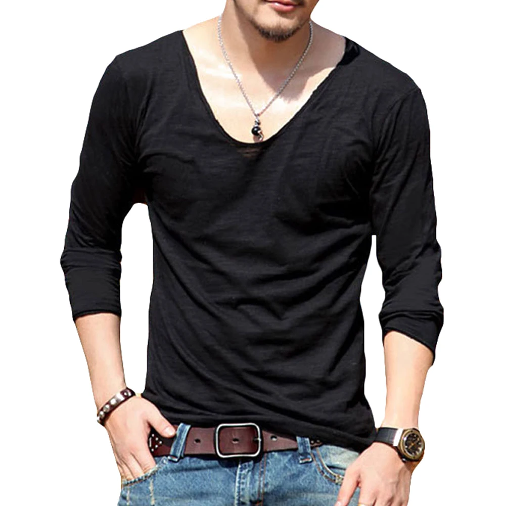 New Hot Cotton V Neck T Shirts For Men Long Sleeve Solid Plain Classic Fashion Slim Fit
