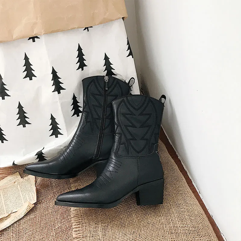 Zip Noir Chaussures Bout Automne En Cuir Chic Pointu Bottes Brodé 2019 MiVeau Hiver Design Taille Pic Chaude Femmes Talon As HW2YED9I