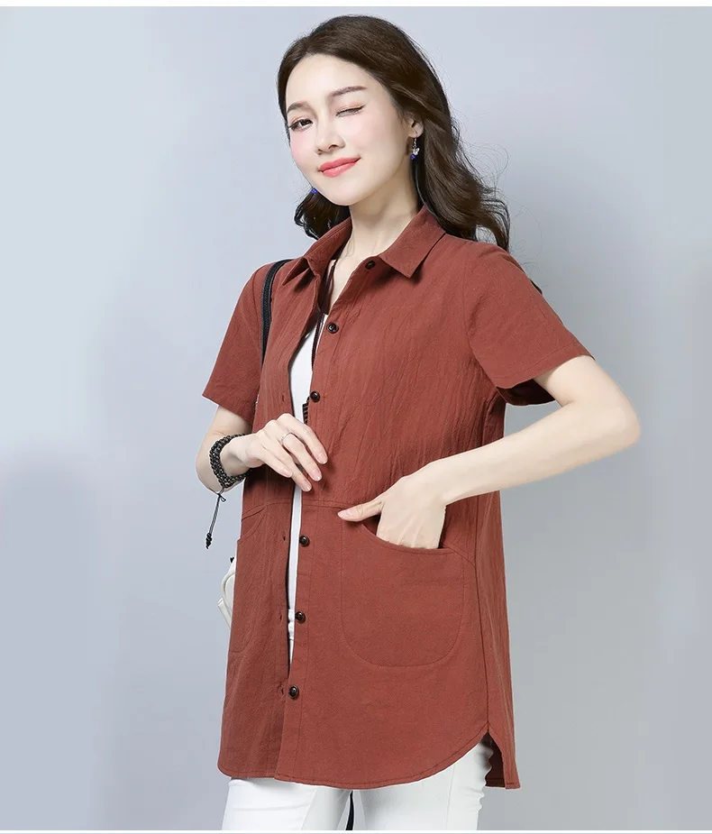 Весенняя блузка с длинными рукавами, рубашка женская Летняя мода однобортные пальто женские повседневные свободные хлопковые блузки женские топы - Цвет: caramel colour short