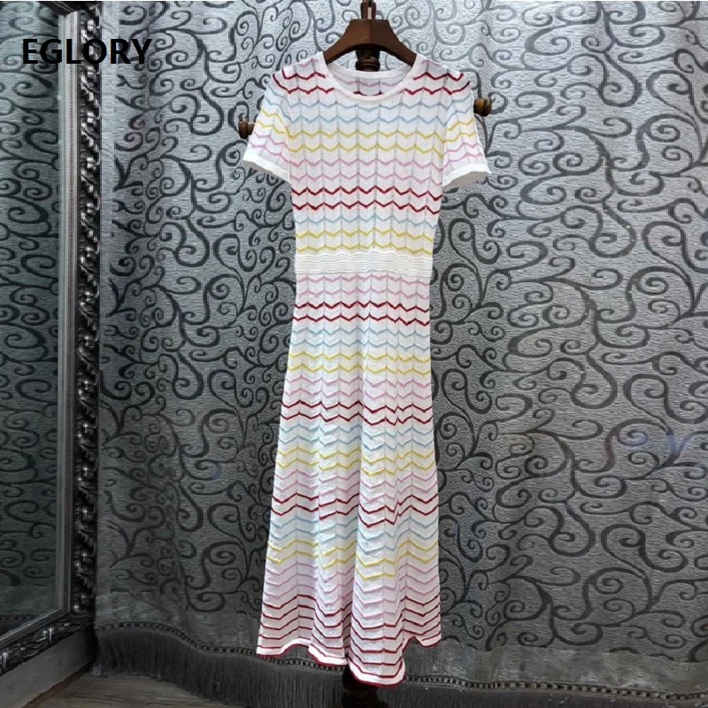 

High Quality New 2019 Summer Fashion Sweater Dress Women Geometric Patterns Knitting Short Sleeve Mid-Calf Casual Pullover Dress