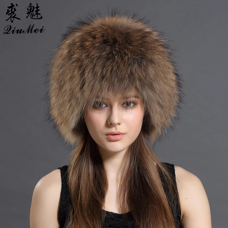 QiuMei gorros de piel de zorro Real de invierno gorras de piel de lujo elásticas de punto forrado genuino de piel de zorro mapache gorros de bombardero ruso - 4