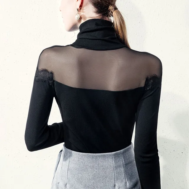 2019 Blouse Women Spring Black High Collar Bottoming Shirt Perspective Mesh Plus Size Tops Blouses Chemisier Femme