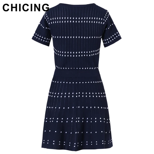 CHICING High Street Knitted Two Pieces Set Square Pattern Striped T-Shirt And Mini Skirt 2018 Ladies Sexy Set Saias A1706027