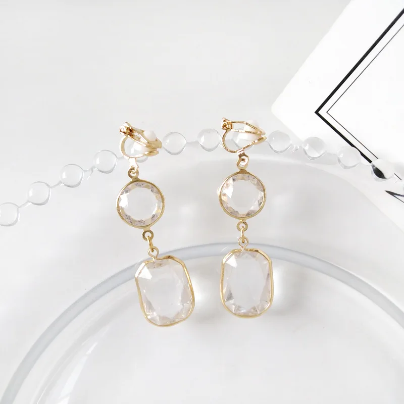 Элегантные Геометрические прозрачные хрустальные клипсы на серьге без пирсинга для женщин Корея Мода без пирсинга отверстие зажим для ушей - Окраска металла: Clip Earring