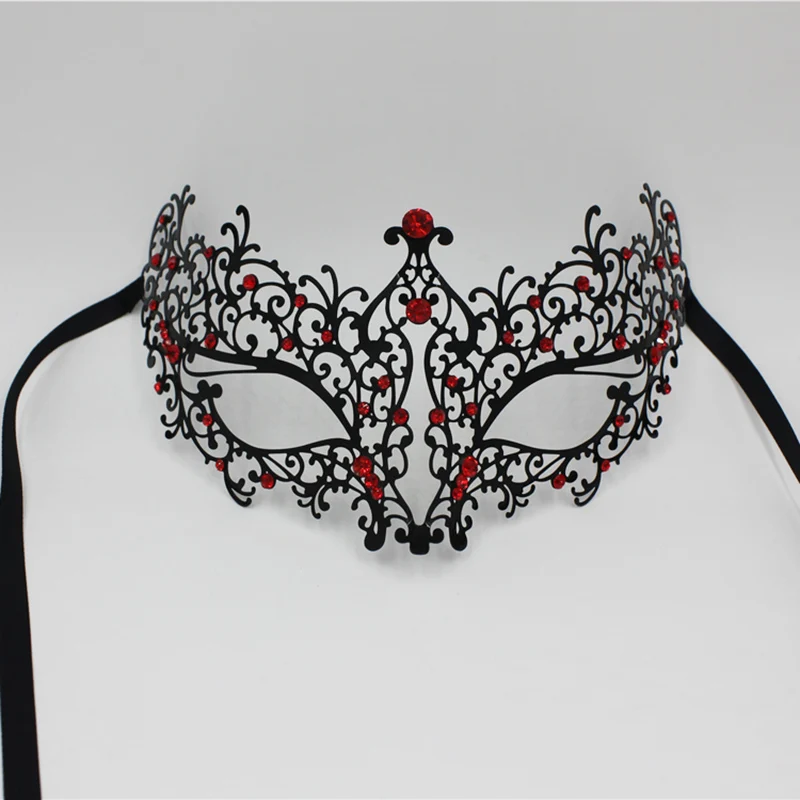 

Womens Elegant Light Metal Venetian Black Masquerade Mask Red or Blue or Pink Rhinestones Party Costume Ball Wedding Masks