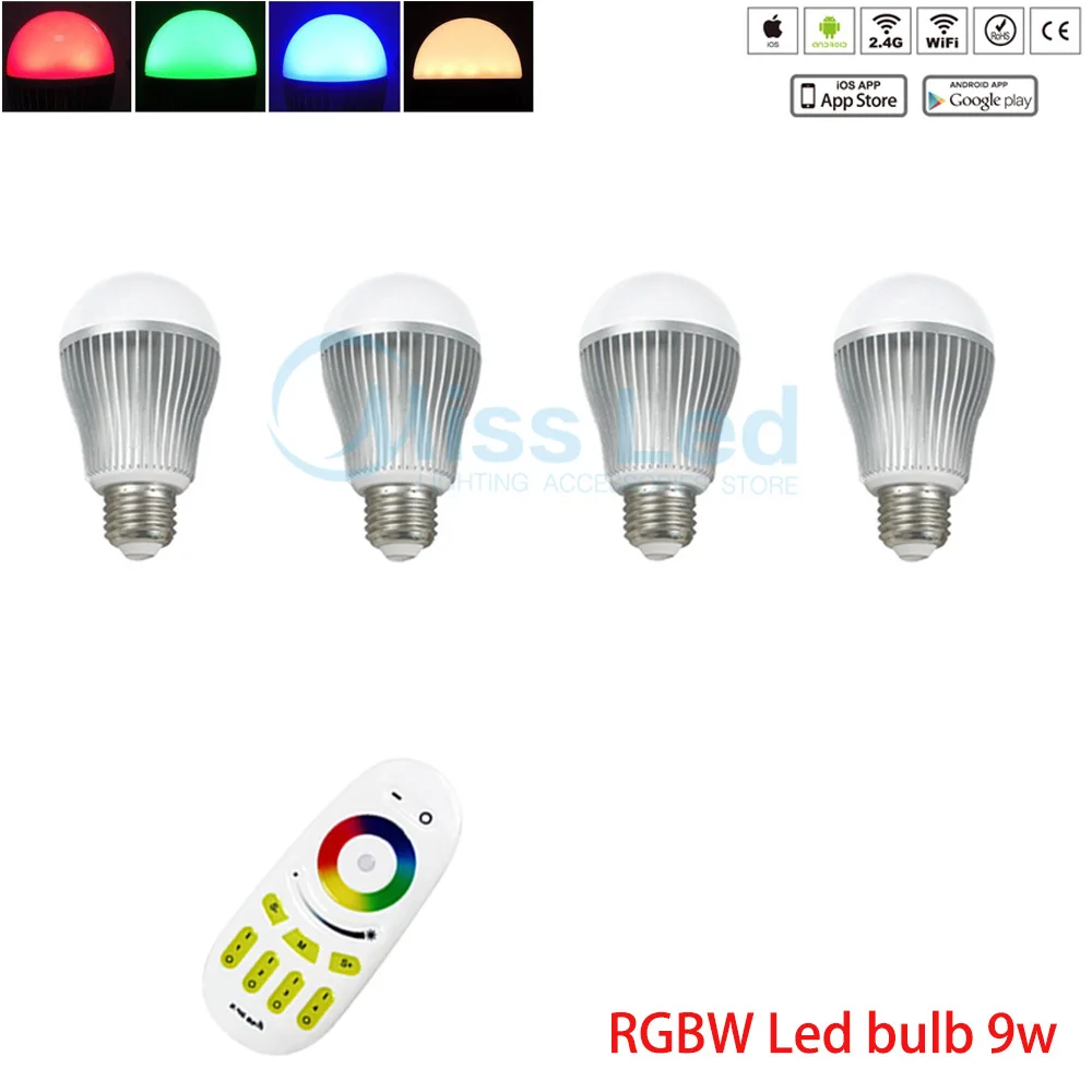

4 pcs Wifi LED Bulb RGB Warm/Cold White 9w E27 + 2.4G for 4 groups wifi Remote control wireless for led bulb Light