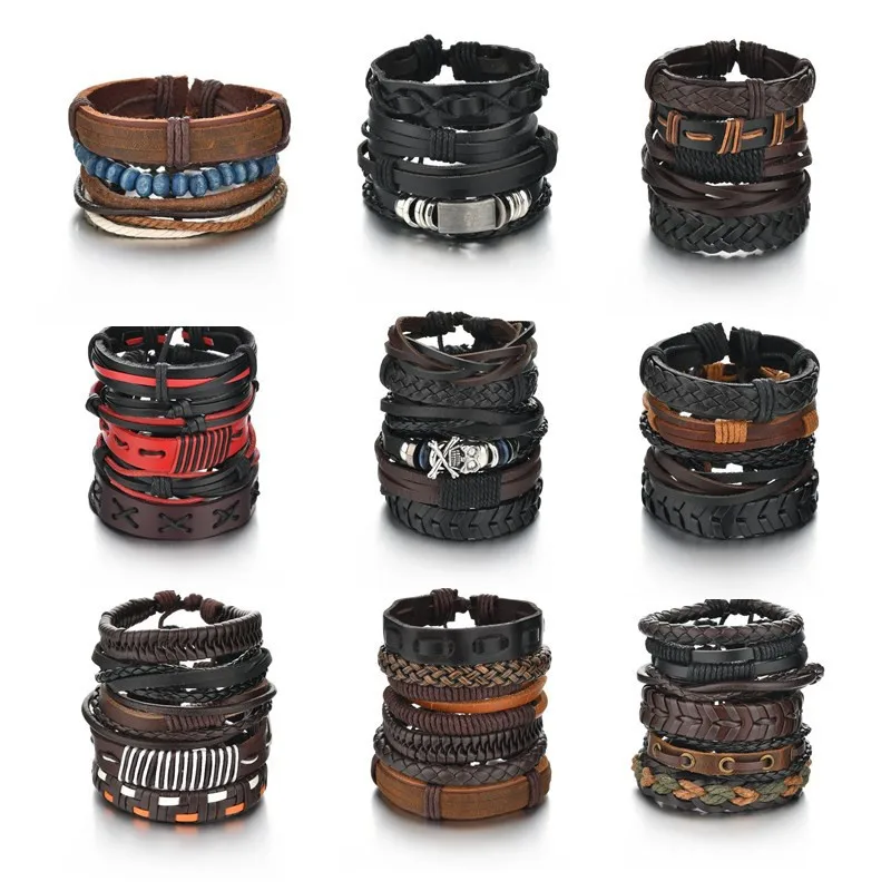 

Vintage Leaf Feather Multilayer Leather Bracelet Men Fashion Braided Handmade Star Rope Wrap Bracelets & Bangles Male Gift