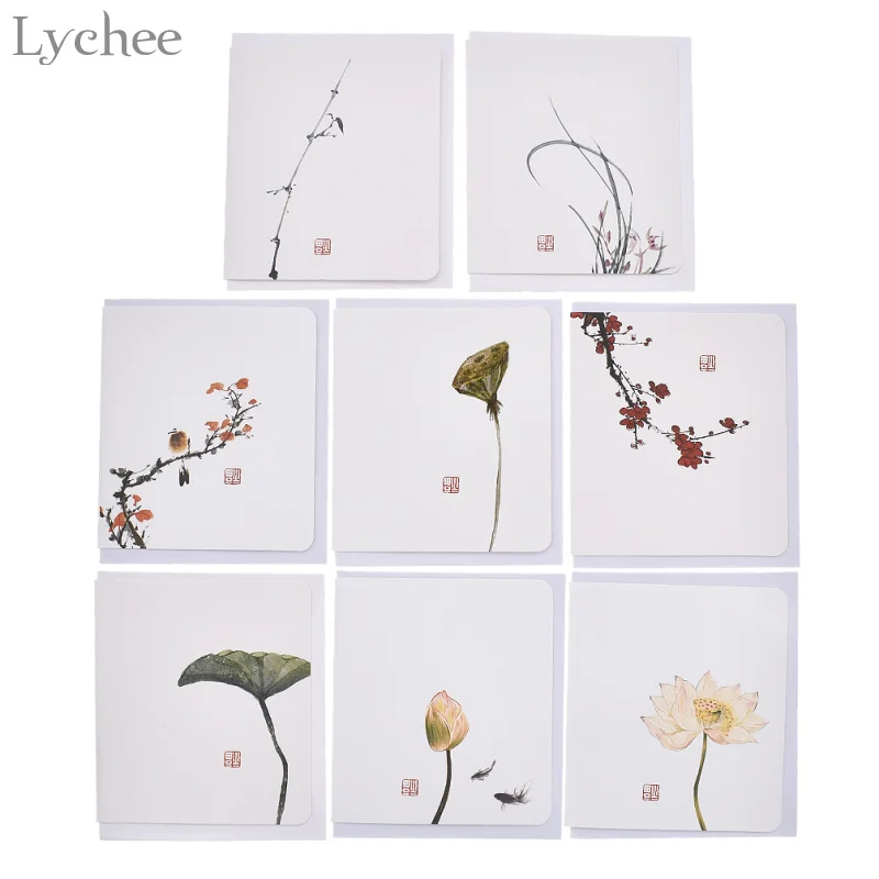 Lychee 10 шт Классические китайские почтовые открытки с цветами с конвертом поздравительные открытки на день рождения, свадьбу, вечеринку Пригласительные открытки