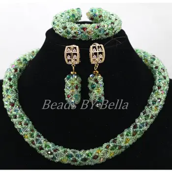 

Fashion Women Wedding Party Gift Necklace Jewelry Sets Nigerian Green Crystal African Beads Jewelry Set Free Shipping ABK894