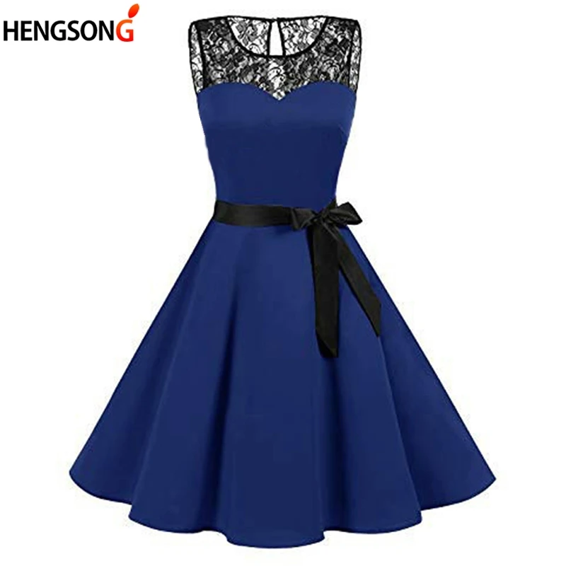 

Women's Summer Tank Dress 2019 Robe Femme High Waist Lace Patchwork Pleated Dress with Sashes O-Neck Sleeveless Blue Mini Dress