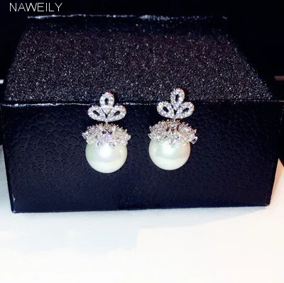 

NAWEILY Cubic Zircon Flower Stud Earrings Elegant Sterling Silver Needles Simulated Pearl Earring Women Bijoux Accessories Gift