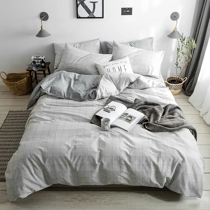 

European Minimalist Gray Plaid Pattern Cotton Flamingo 3/4Pcs Bedding Set Twin Queen King Size Bed Set Duvet Cover Bed Sheet Set