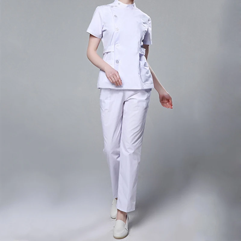 Больничные хирургические костюмы для женщин, скрабы для кормления, униформа для салонов красоты, Женское пальто с коротким рукавом+ штаны, медицинская одежда для медсестры - Цвет: White