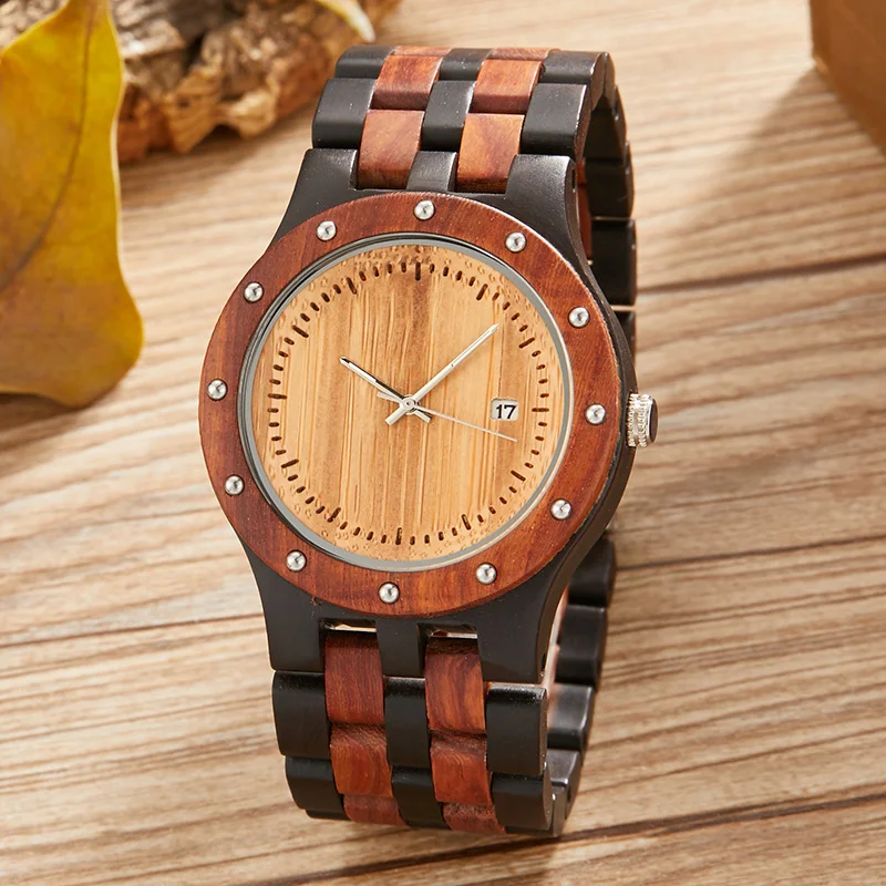 

Unique Wooden Watch Men Luxury Brand Analog Rivets Design Dial Bamboo Wood Bracelet Natural Quartz Male Clock Wristwatch relogio