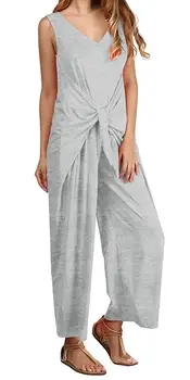 

Womens V Neck Lace Up Bow Long Pants Rompers Sleeveless Loose Solid Casual Jumpsuits
