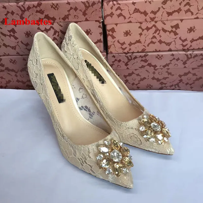 

2018 Spring Elegant Women Pumps Pink Pointed Toe Crystal Flower Shallow Women Casual Pumps Lace Wedding Slip On Stiletto Pumps