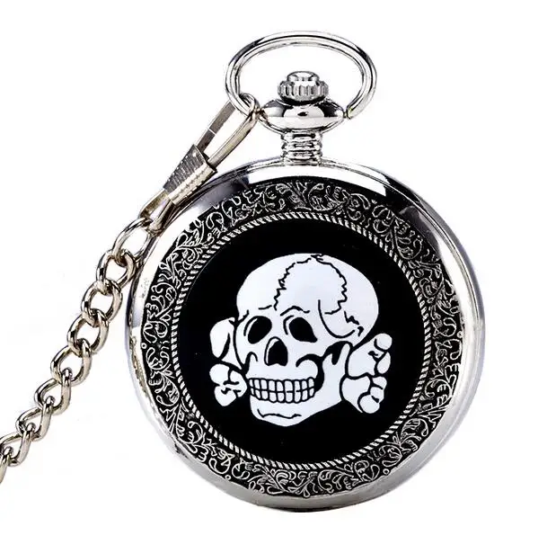 

Vintage Fashion quartz Silver white steel Animation cartoon skull enamel pattern students Gift cowboy chain pocket watches