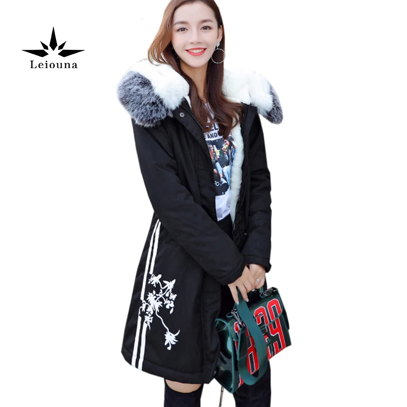 Leiouna Big Fur Collar Hooded Coat Warm Winter New Parkas