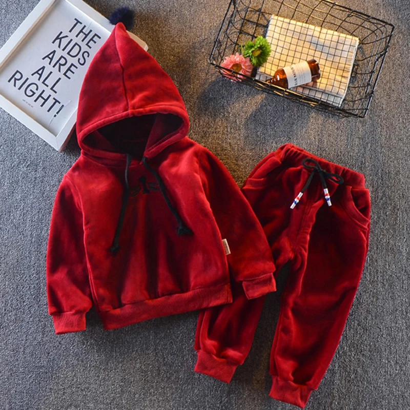 

New Boys Clothing Sets Flannel Solid Hooded Tops+Pants Suit Winter Children Clothes warm plus thick Suit For Girls Clothing Sets