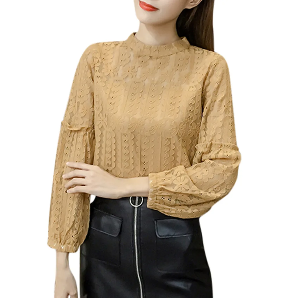 Women's Casual T Shirts High Neck Long Sleeves O-Neck Solid Yelow White Pleated Top Blouse Spring Summer Ladies Clothing Blouses