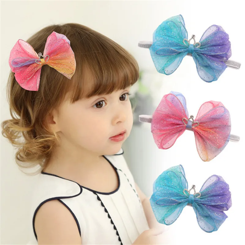 

10pcs/lot New Crystal Luxury Princess Crown Kids Hair Clip Glitter Gauze Light Pink Sequins Hairpin Gradient Color Headbands