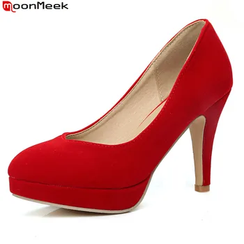 

MoonMeek spring autumn platform shoes extreme high heel sweet slip on flock square heels shallow causal pumps women shoes