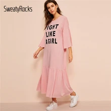 SweatyRocks платье-футболка с надписью и спущенным плечом и воланом женские розовые макси платья Весна 3/4 рукав Повседневное платье
