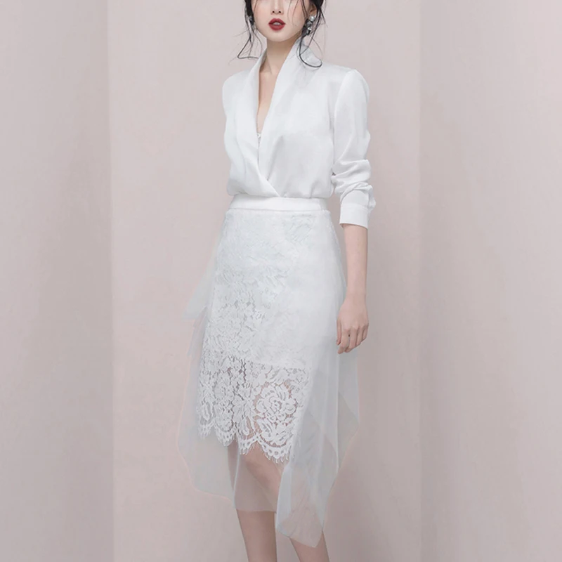

SHTONGHUA Runway Spring Skirt Suits Fashion White Sexy Deep V Neck Shirt Women Suits + Irregula Mesh Patchwork Lace Skirt Suits