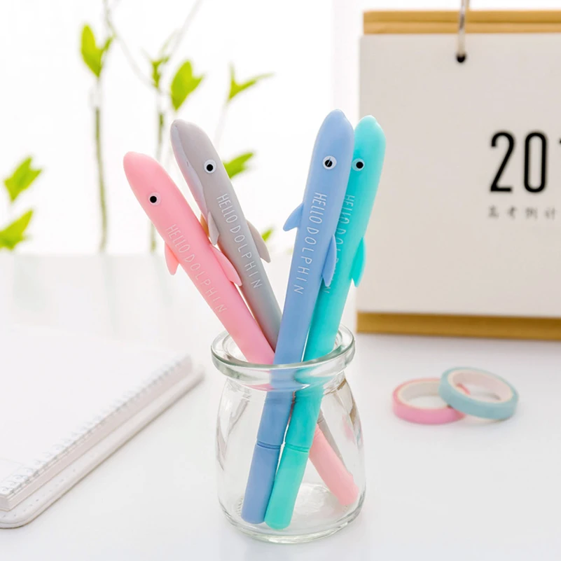 

4Pcs Korean Kawaii Cute Dolphin Gel Pen Novelty Cartoon Animal Design Kawai Gift School Office Supply Stationery Store Material