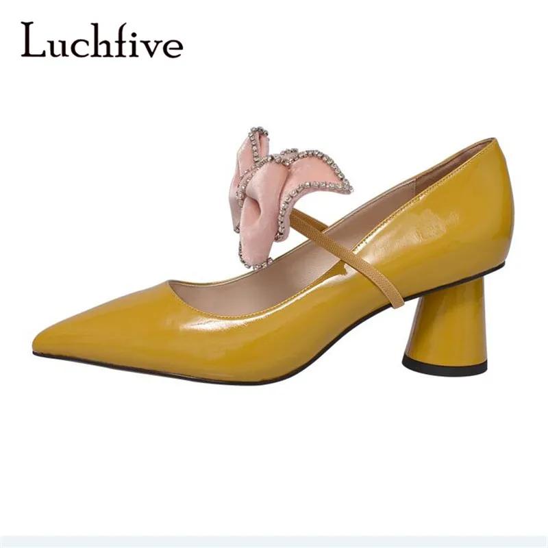 

Big butterfly knot crystal women pumps genuine leather pointed toe shoes women round heels yellow fashion slip on zapatos mujer