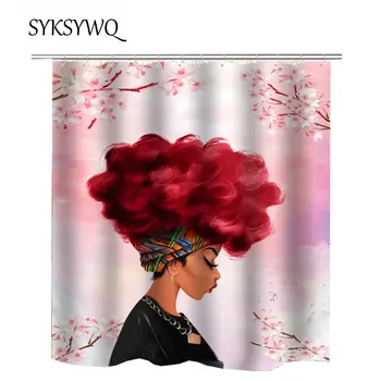 

Red Afro Shower Curtain African Women Red Hair Bathroom Curtain Waterproof African Afro Bathroom Shower Pink Drop Shipping 3D