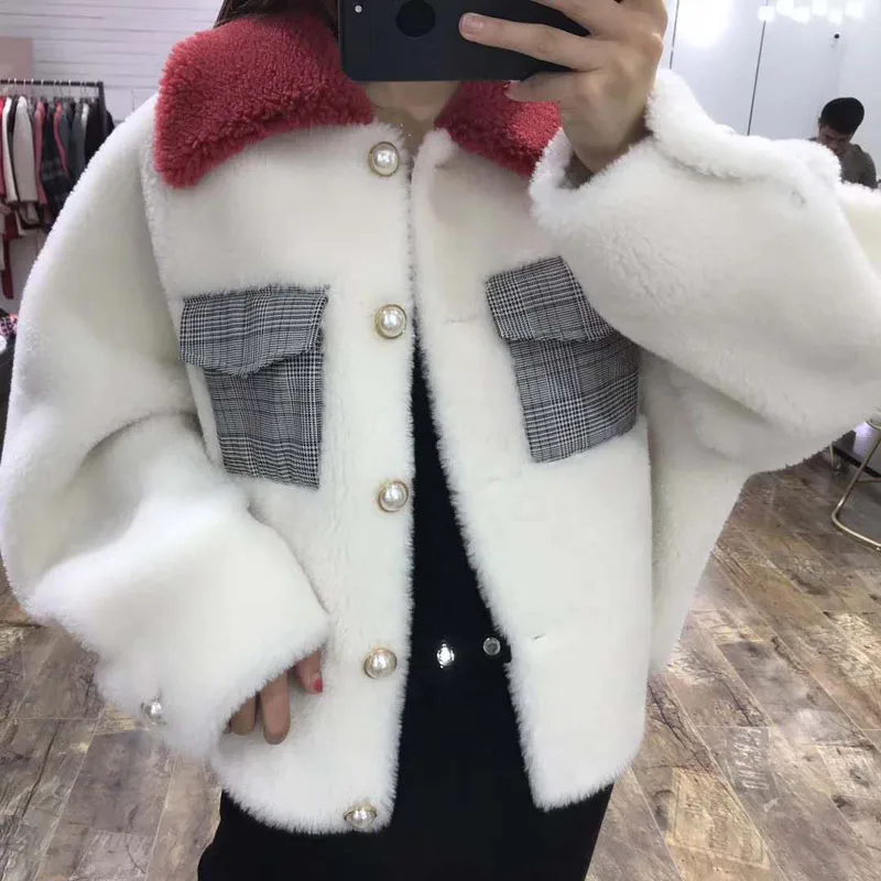 Пальто из овечьей шерсти, женская зимняя короткая куртка с жемчужными пуговицами и тканевой сумкой, пальто с отложным воротником, одежда больших размеров из смешанной шерсти