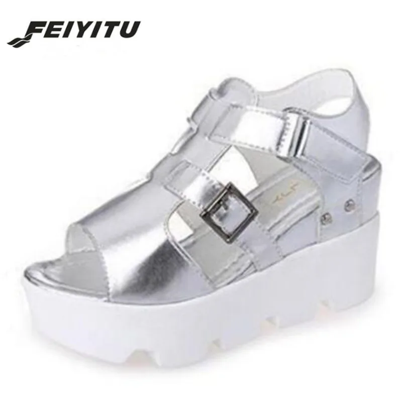 

FeiYiTu Women 2018 Wedges Summer Shoes Black White Gladiator Women Sandals Open Toes Shoes Women Sandalias Mujer Eu Size 34-40