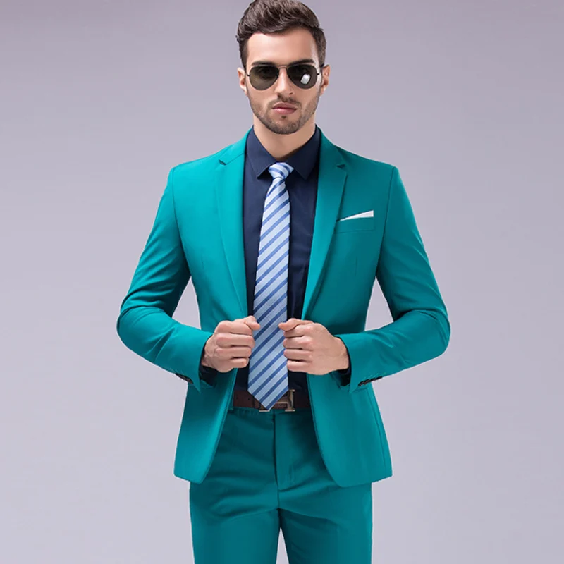 Пиджак+ брюки, коричневый, зеленый, бордовый, черный, розовый, мужские костюмы,, фирменный, приталенный, для жениха, Свадебный костюм, корейская мода, для вечеринки, для выпускного вечера - Цвет: Peacock Blue