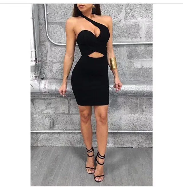 Hot Ladies Sexy Irregular Black Bandage Dress 2018 Knitted Bodycon Party Dress