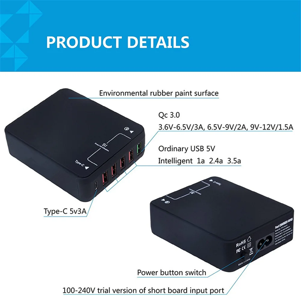 Быстрое зарядное устройство QC 3 0 Tech 35 Вт 9 В 12 6 портов USB быстрое с портом Type-C для