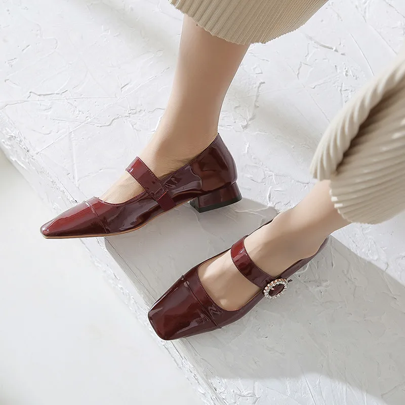 

YMECHIC 2019 Summer Women Heels Crystal Buckle Mary Jane Shoes Black Wine Red Real Patent Leather Party Block High Heel Shoes