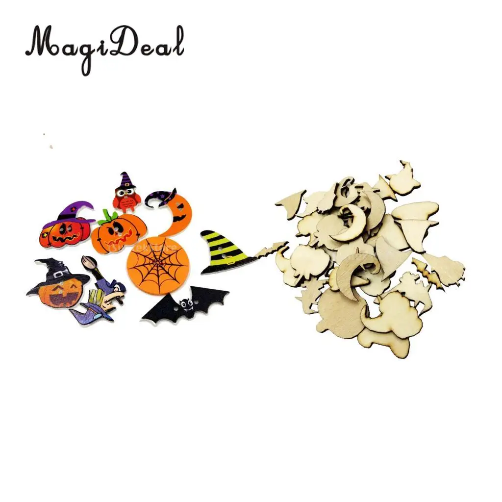 

50pcs MDF Wooden Tags Halloween Decoration Craft Blank Pumpkin Bat Ghost Wine Party + 50pcs Scrapbook Wood Halloween Buttons