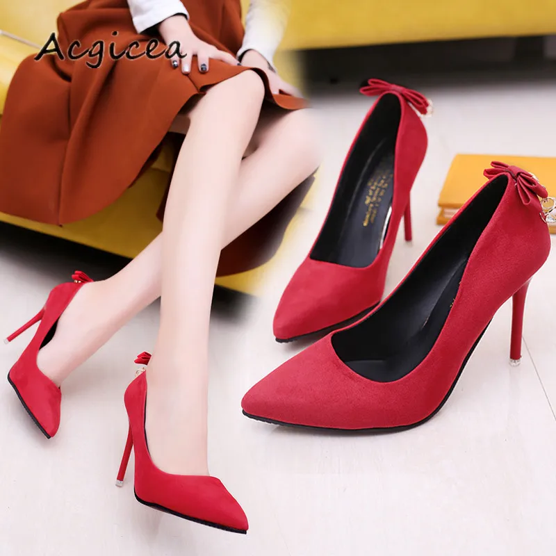 

2019 Pointed Toe bow-knot high heels female summer autumn shallow mouth pointed single shoes was thin with foot shoes Mujer s017