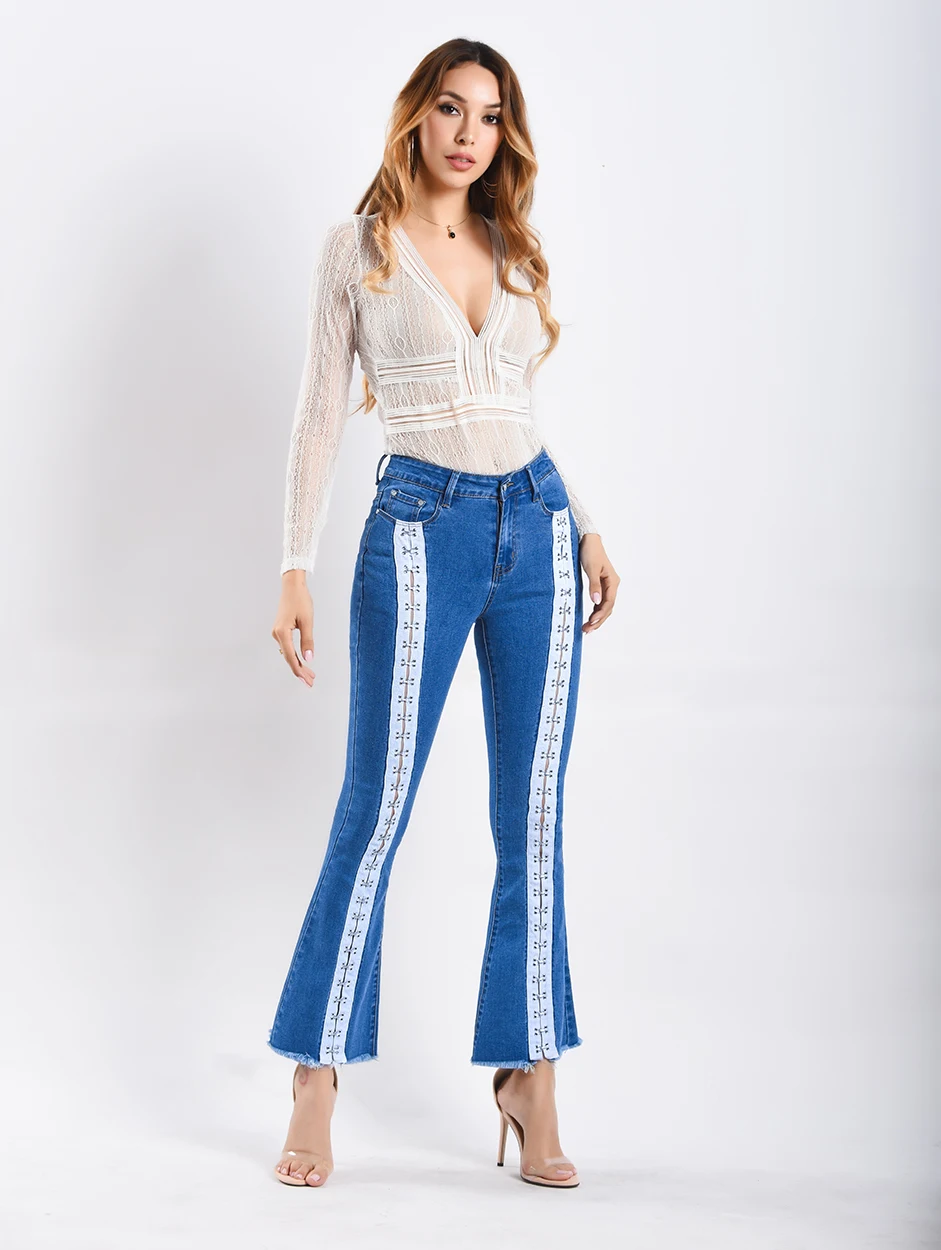 

European And American Style Women's Flare Pants Mid waist Women Long elasticity Wide Leg Ribbon Jeans For Girls Trousers Women