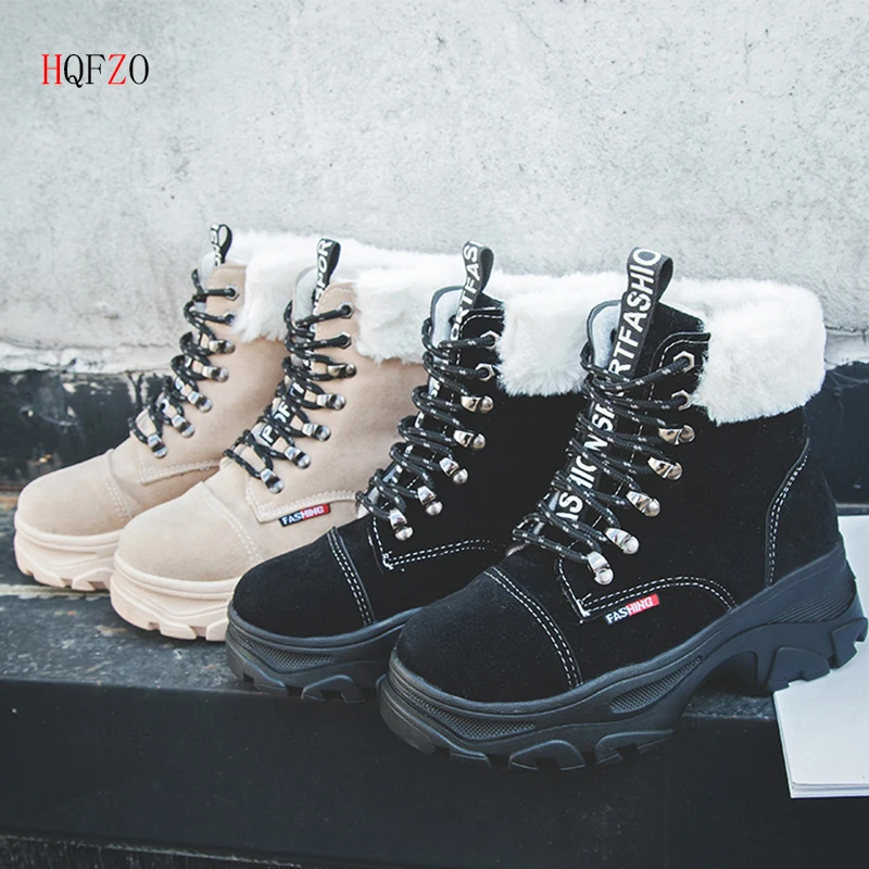 

HQFZO warm plush winter woman boots ladies soft comfortable platform lace up snow boots female thick bottom chaussures botas