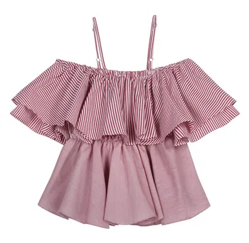 

2018 Spring Summer Fashion Shirts Women Red Blue Striped Sexy Shirts Off Shoulder Straps Cropped Tops Sweet Ruffled Chic Blouse
