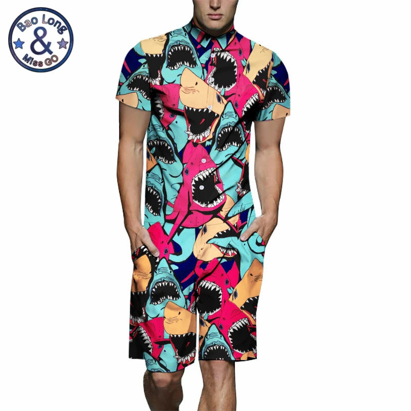 

Mr.BaoLong 3d Rompers Mens Cartoon Shark Print Highstreet Jumpsuits Short Sleeve Playsuit Harem Cargo Overalls One Piece
