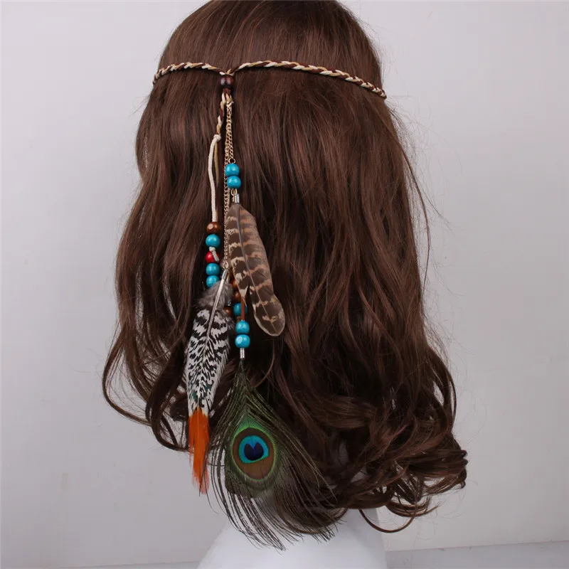 Богемский стиль индийская повязка на голову с перьями резинка для волос на голове Племенной хиппи ручной работы аксессуары для волос для женщин 01