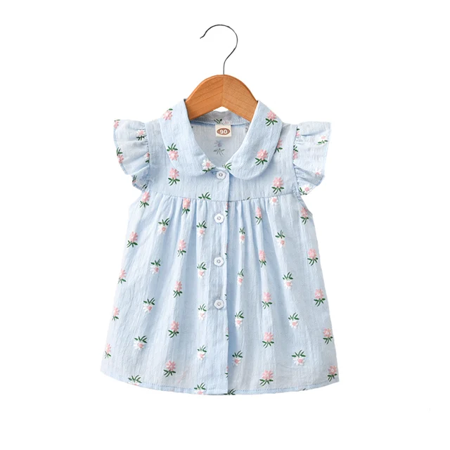 Girls Summer 2018 New Children’s Shirt Floral Short Sleeve Flying Sleeve Tops Children’s Summer Cardigan Shirt, Blue/ Pink